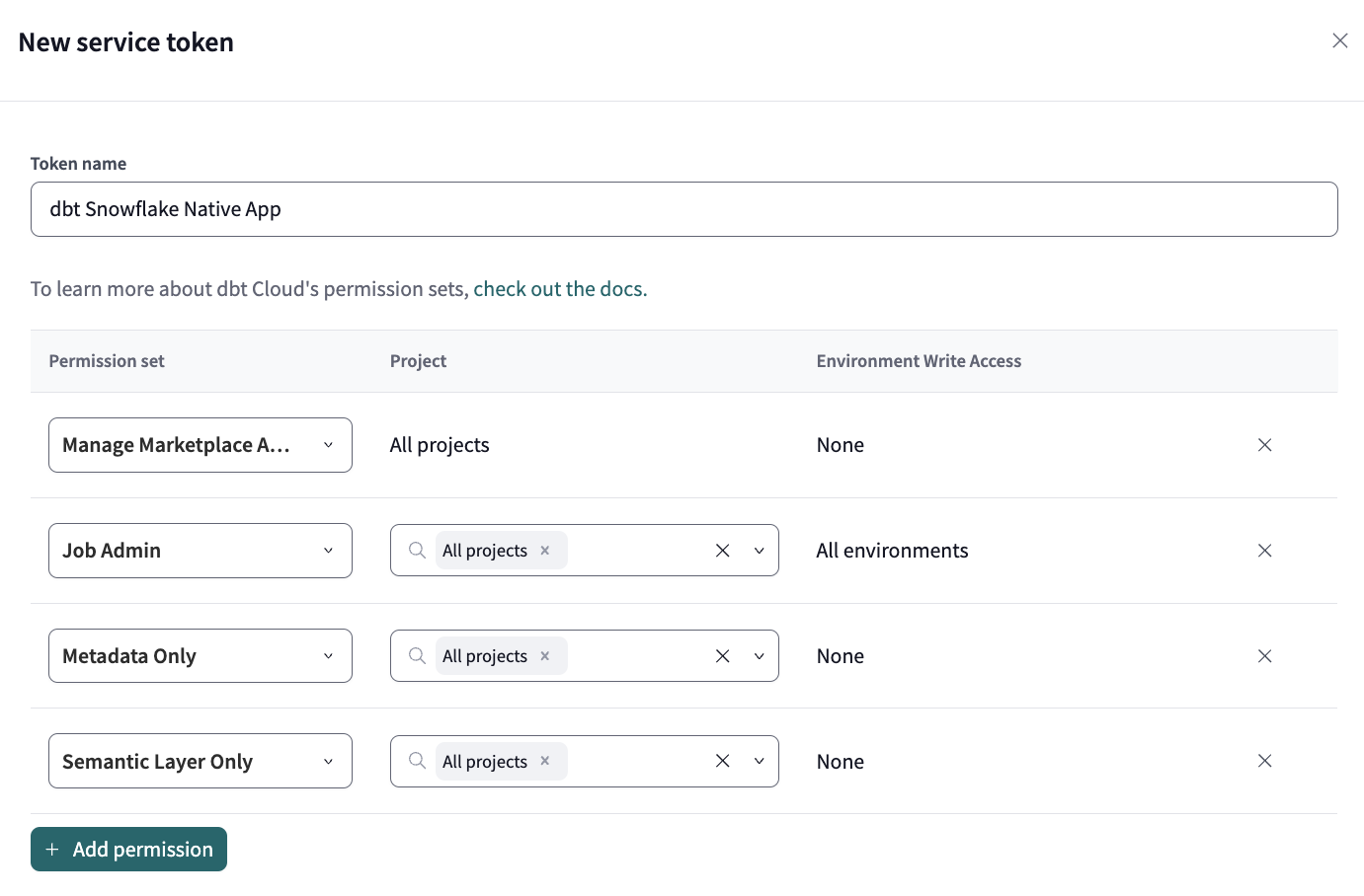 Example of a new service token for the dbt Snowflake Native App